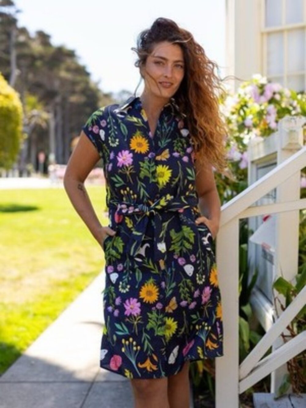Lesley Evers Melinda Dress Prairie Posy Navy Blue Floral Cotton Large NO BELT